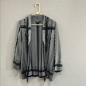 NIC + ZOE Black White Aztec Knit Fringe Open Front Cardigan  Sz L  Corp Core